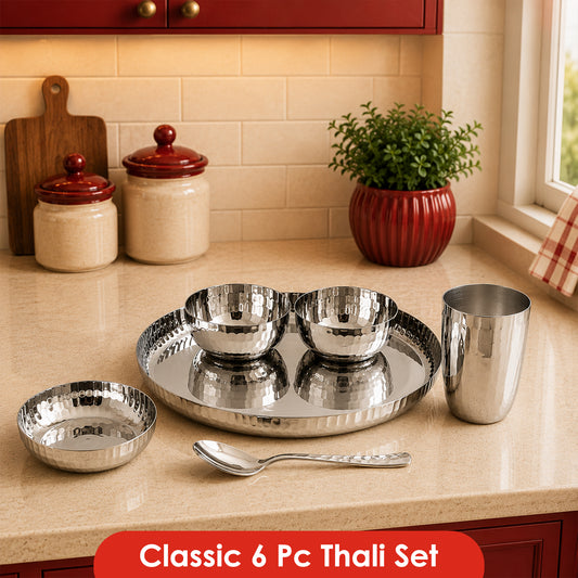 stainless steel dinner thali set 6 Pcs. Bowl, Cup, spoon, plate