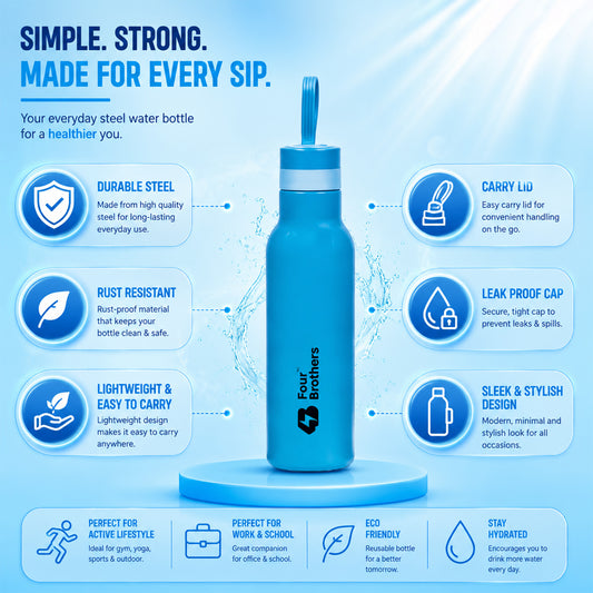 Four Brothers Stainless Steel Water Bottle ( Pulse ) – Single Wall, Leakproof, Lightweight