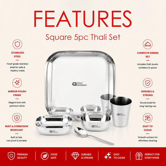 Square Thali Set 5 Pieces – 100% Stainless Steel, Rust‑Proof