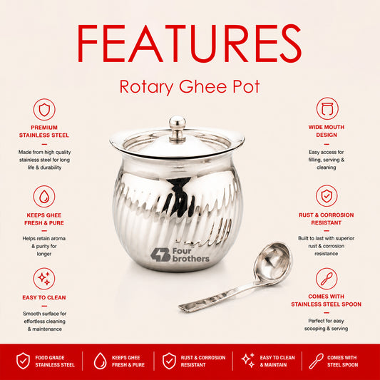 Rotary Stainless Steel Ghee Pot with Spoon