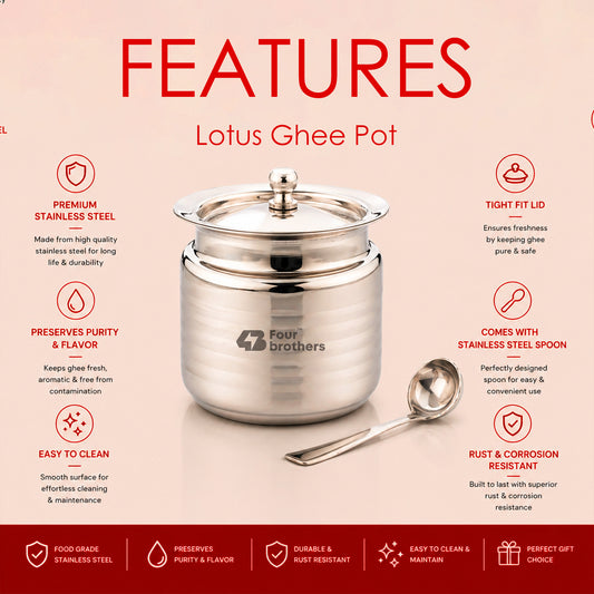 Lotus Stainless Steel Ghee Pot with Spoon