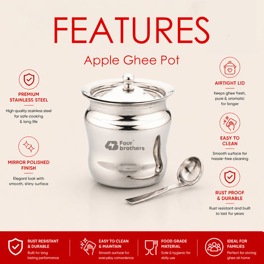 Apple Stainless Steel Ghee Pot with Spoon