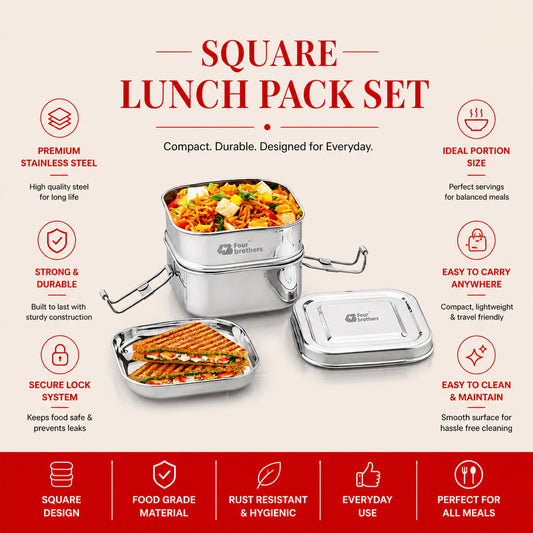 Square Lunch Box – Double Decker (100% Stainless Steel)