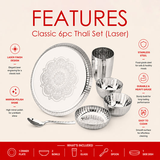 Classic Stainless Steel Thali Set – Laser Print Finish | Four Brothers
