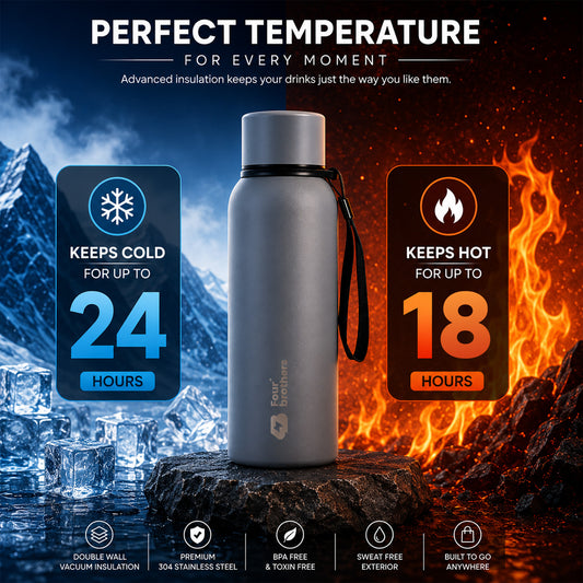 Four Brothers Insulated Water Bottle( Storm ) – 18Hr Hot & 24Hr Cold Stainless Steel Flask (Leakproof)