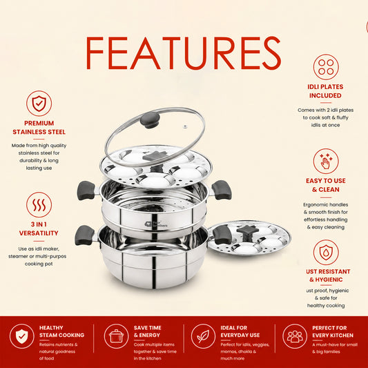 Stainless steel cookware set with features listed on a beige background