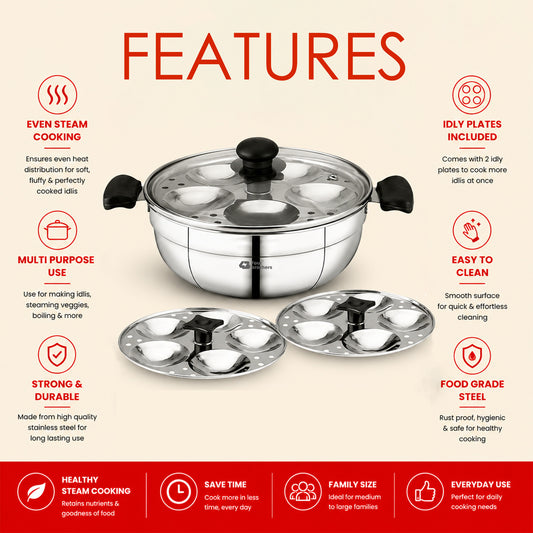 Smart Multi Kadai | Idly Pot with Glass Lid - Stainless Steel