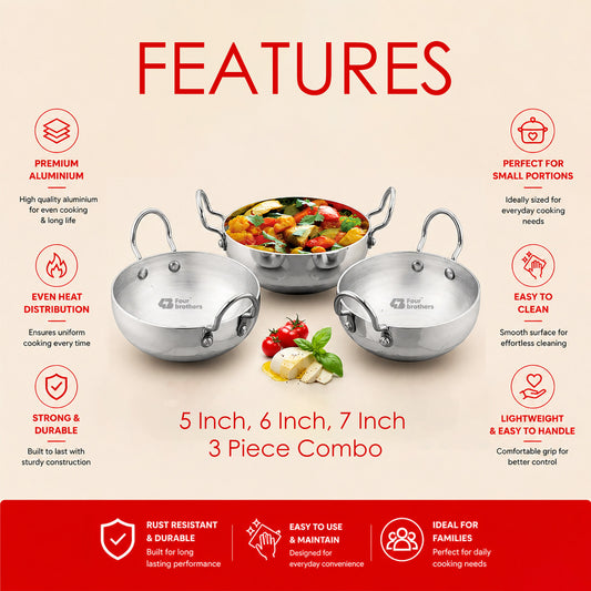 Aluminium Round Bottom Kadai for Kitchen - 3Pcs Set
