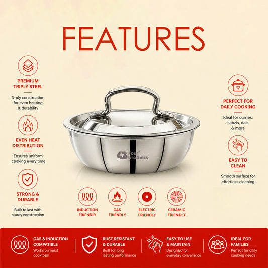 Four Brothers Flat Bottom Triply Stainless Steel Tasla for Indian Cooking