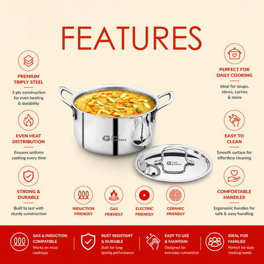Four Brothers Tri-Ply Stainless Steel Stew Pot for Indian Cooking Features