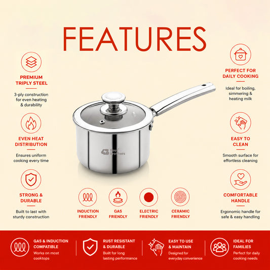 Four Brothers Triply Stainless Steel Saucepan – 3-Ply Construction