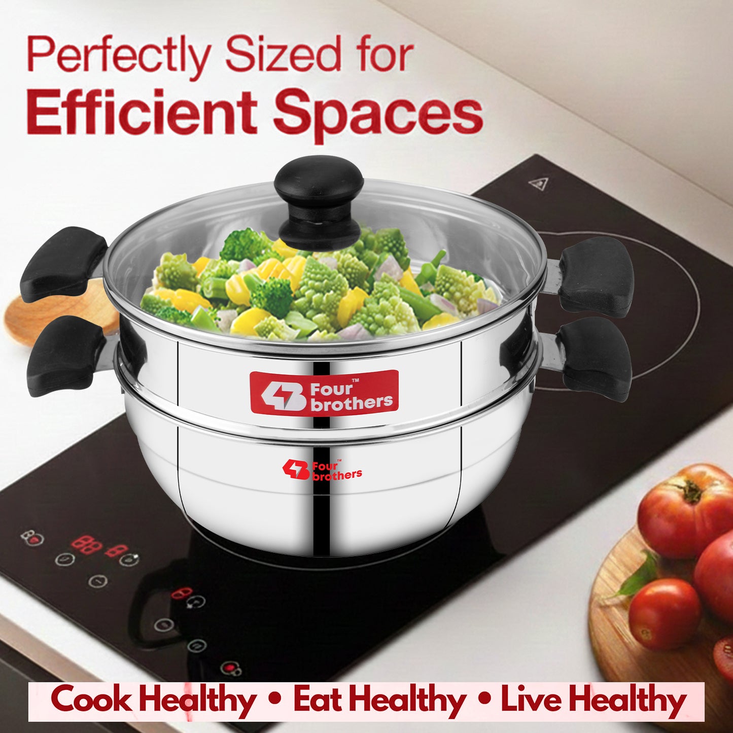 Trio Multi Kadai, Idly Pot and Steamer 3 in 1 - Stainless Steel with Glass Lid