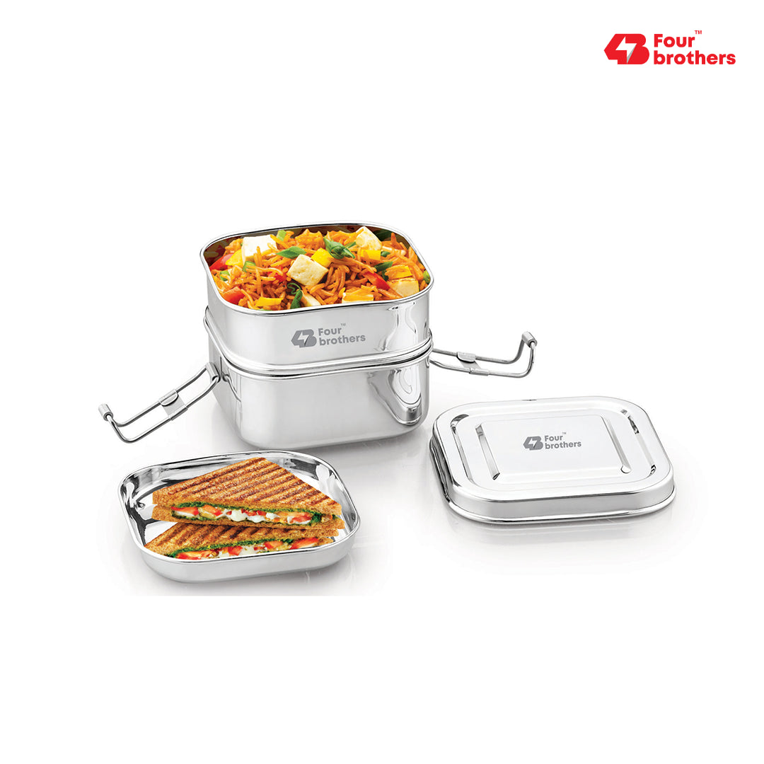 Square Lunch Box – Double Decker (100% Stainless Steel)
