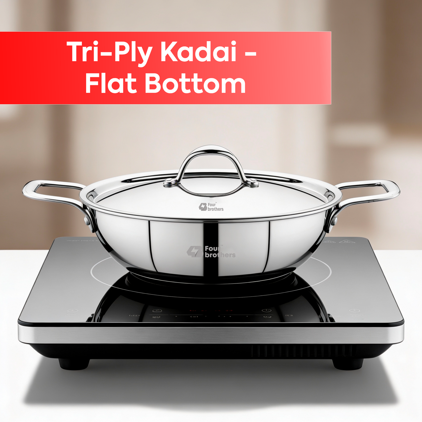 Triply Flat Bottom Kadai with Lid โ Induction & Gas Compatible