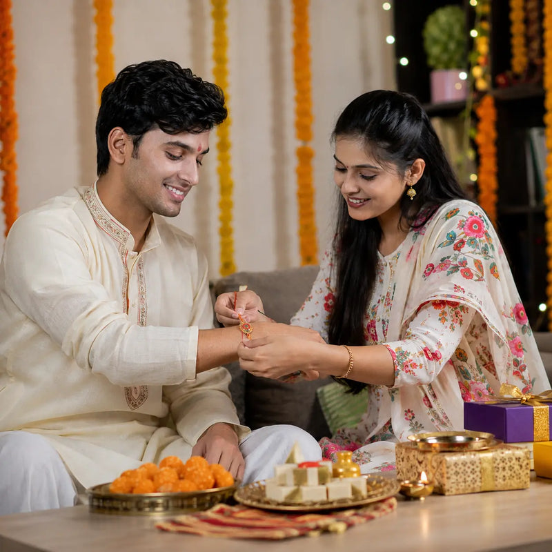 Indian brother and sister celebrating Raksha Bandhan at home as sister ties a colorful rakhi on her brother’s wrist, surrounded by traditional sweets, festive decorations, and thoughtful gifts, with FourBrothers branding and gifting inspiration.