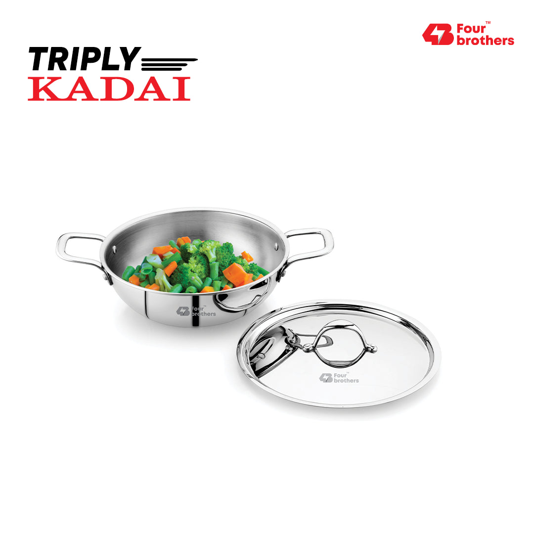 Triply Flat Bottom Kadai with Lid – Induction & Gas Compatible