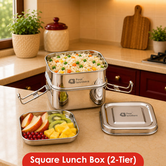 Square Lunch Box – Double Decker (100% Stainless Steel)