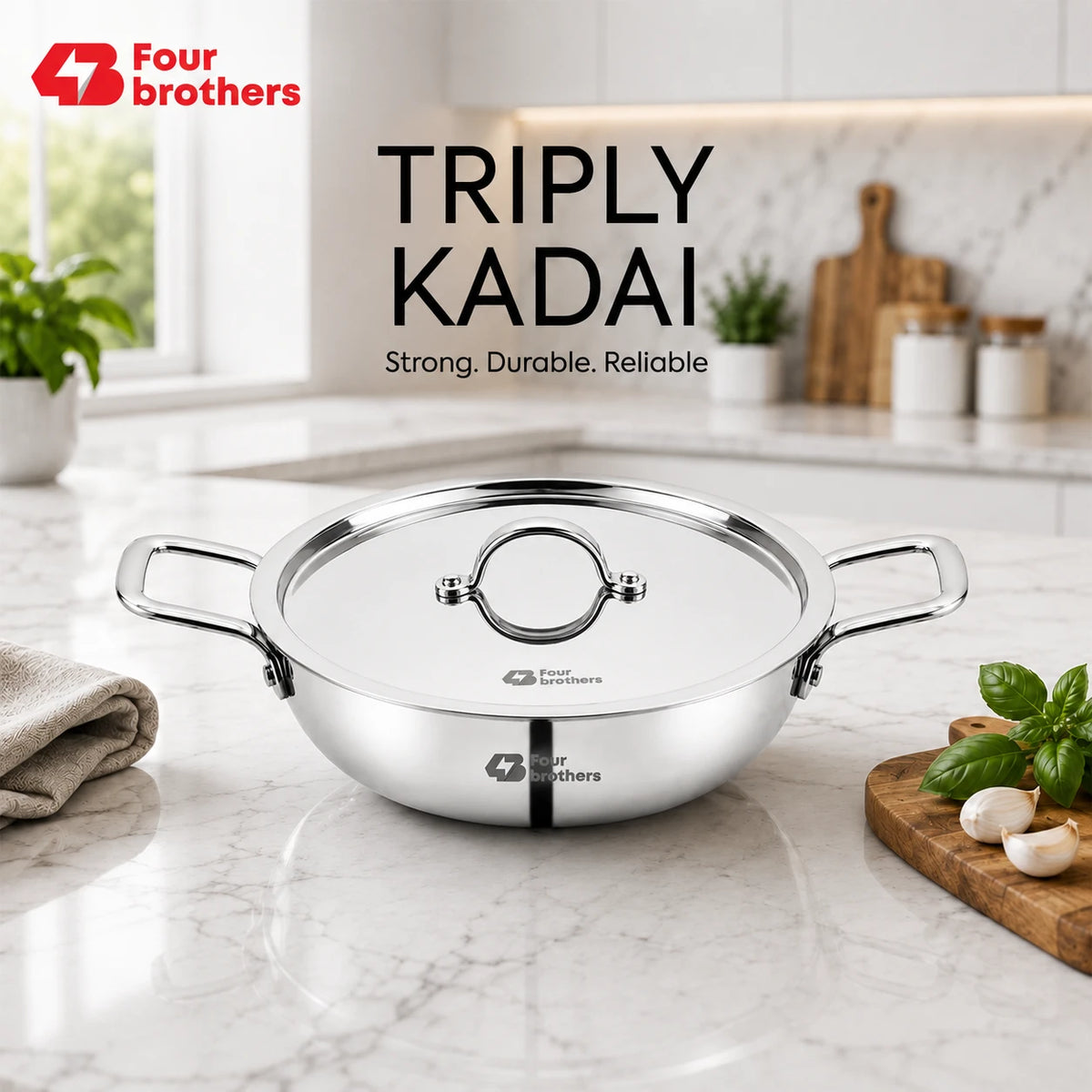 Triply Stainless Steel Kadai with Lid, Induction & Gas | Four Brothers