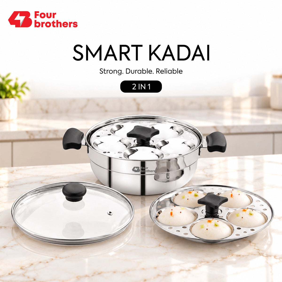 Smart Multi Kadai and Idly Pot with Glass Lid, Stainless Steel | Four Brothers