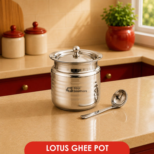 Lotus Stainless Steel Ghee Pot with Spoon