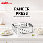 Four Brothers Stainless Steel Paneer Mould parts showing pressure plate lid, square body and removable base