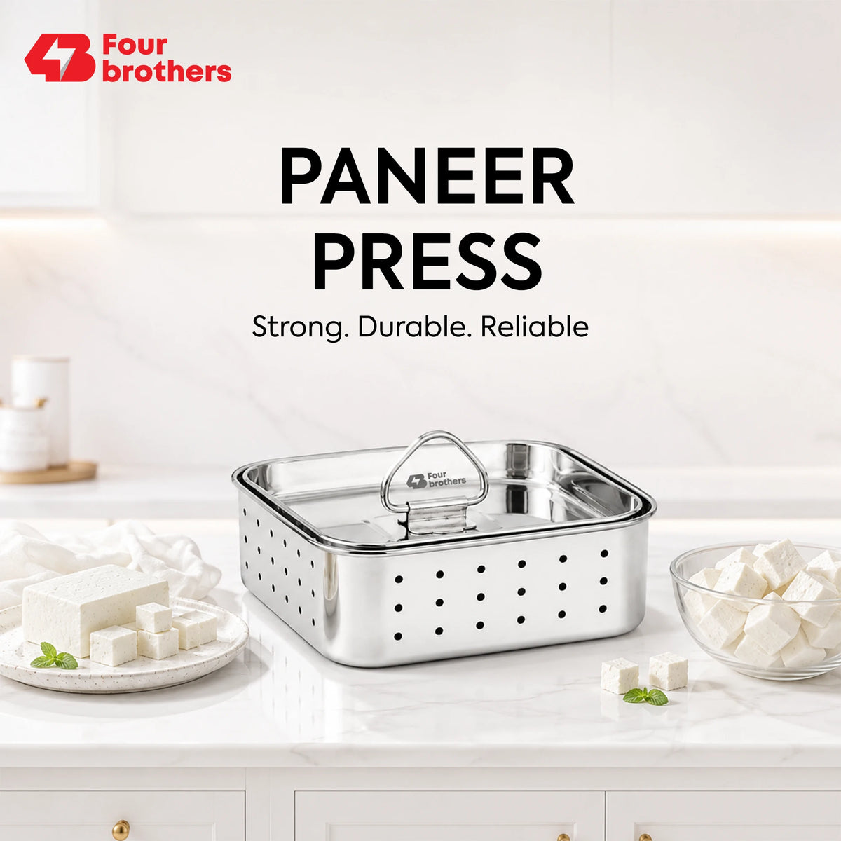 Four Brothers Stainless Steel Paneer Mould parts showing pressure plate lid, square body and removable base