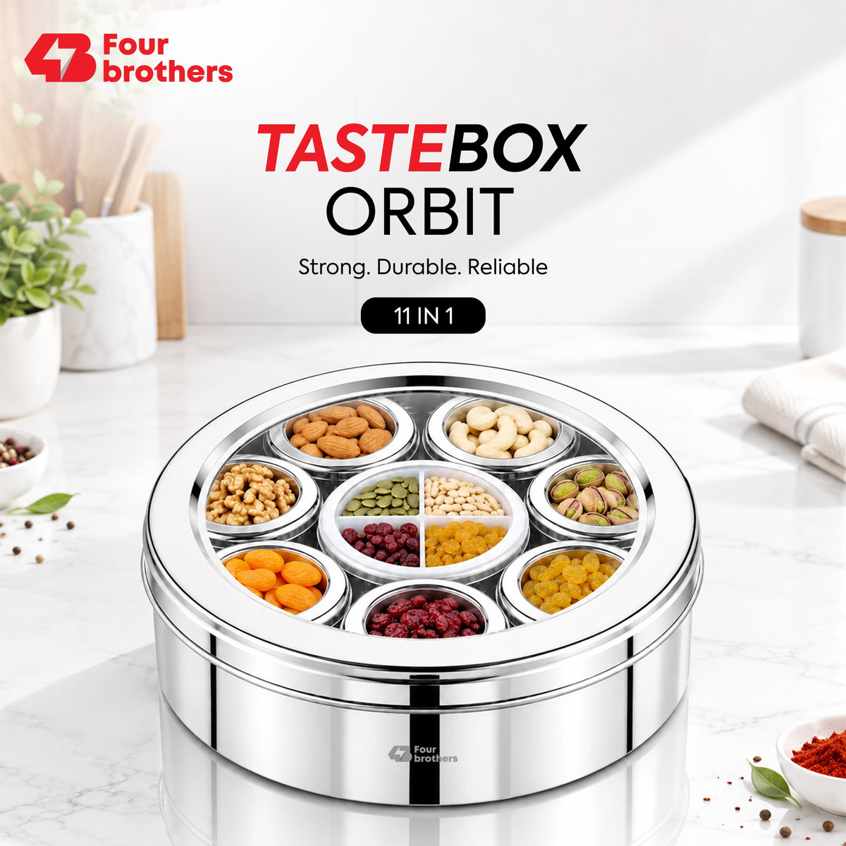 Orbit Stainless Steel Spice & Dry Fruit Box, 11 in 1 | Four Brothers