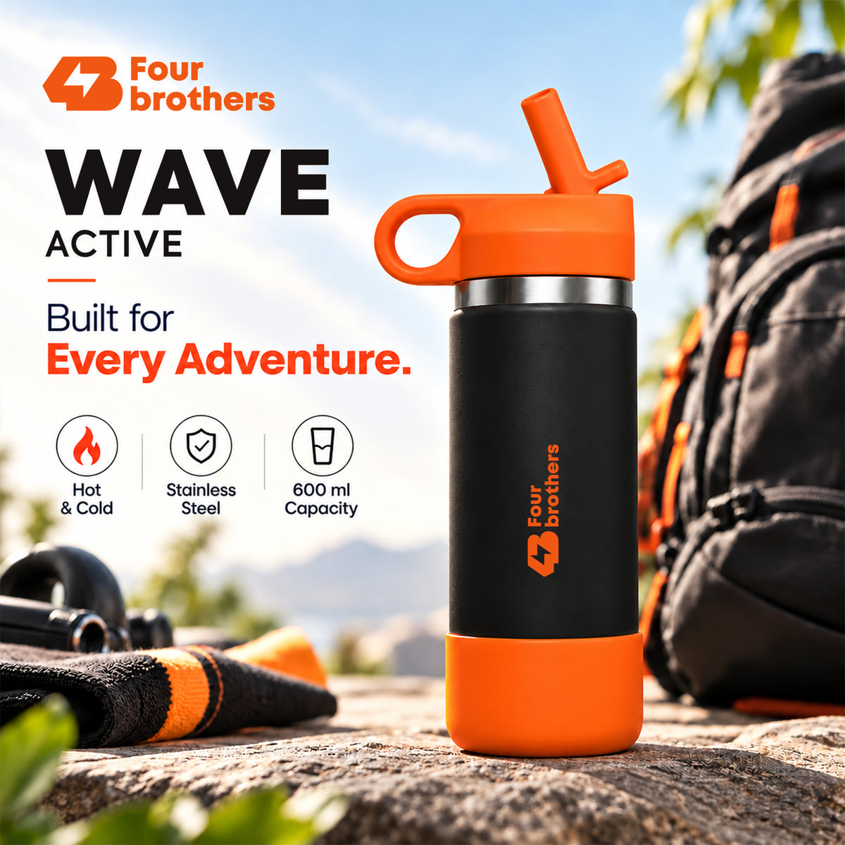 Wave Active Hot and Cold Stainless Steel Straw Bottle 600ml Four Brothers