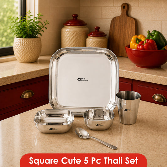 Square Thali Set 5 Pieces – 100% Stainless Steel, Rust‑Proof