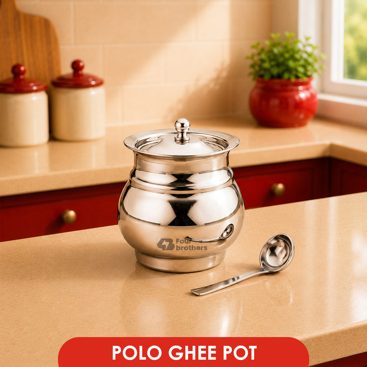 Polo Stainless Steel Ghee Pot with Spoon | Four Brothers
