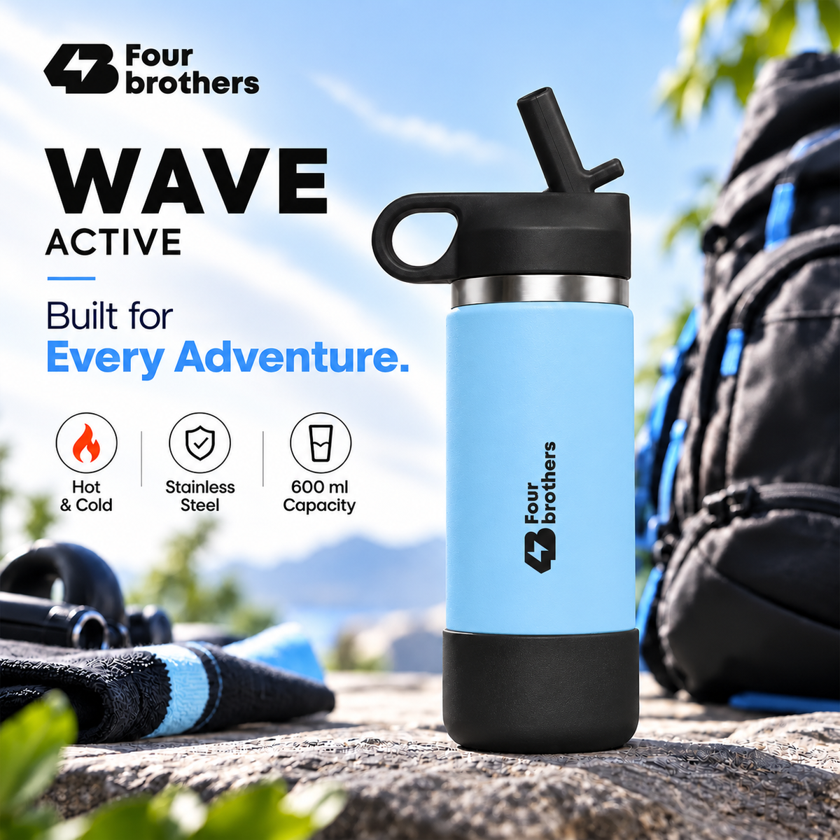 Wave Active Hot and Cold Stainless Steel Straw Bottle 600ml Four Brothers