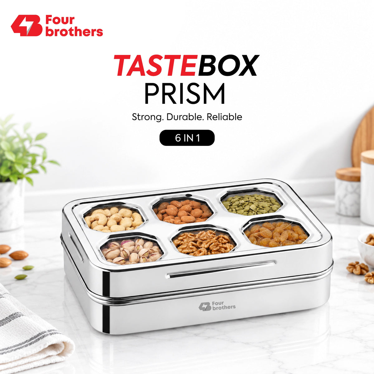 Prism Stainless Steel Spice & Dry Fruit Box, 6 in 1 | Four Brothers
