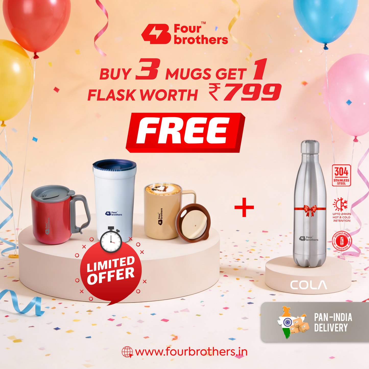 3 PC Coffee Mug | Your Choice | FREE -Hot & Cold Water Bottle