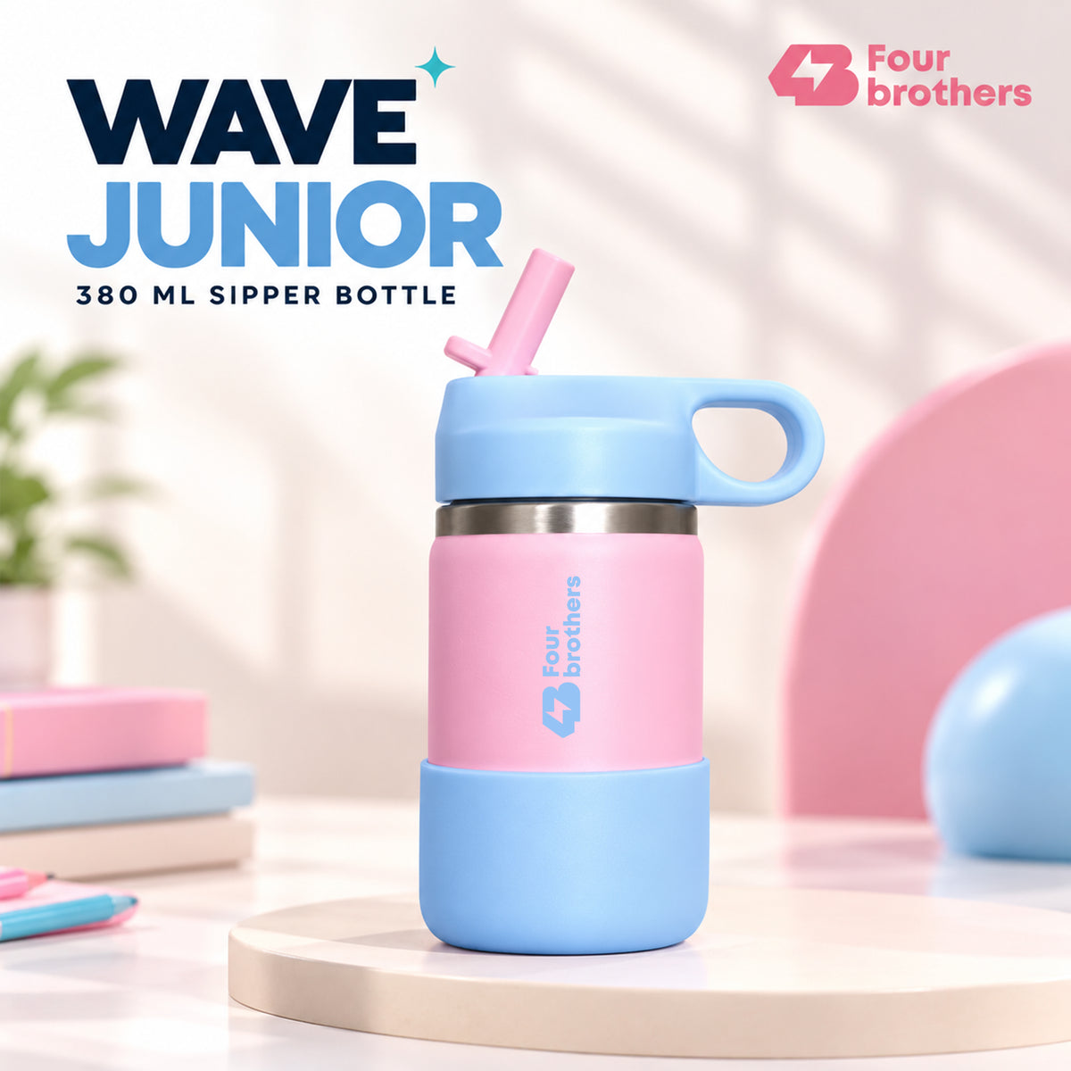 Wave Junior Leakproof Stainless Steel Kids Straw Bottle 380ml Four Brothers