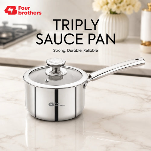 Stainless Steel Triply Saucepan with Toughened Glass Lid | Four Brothers