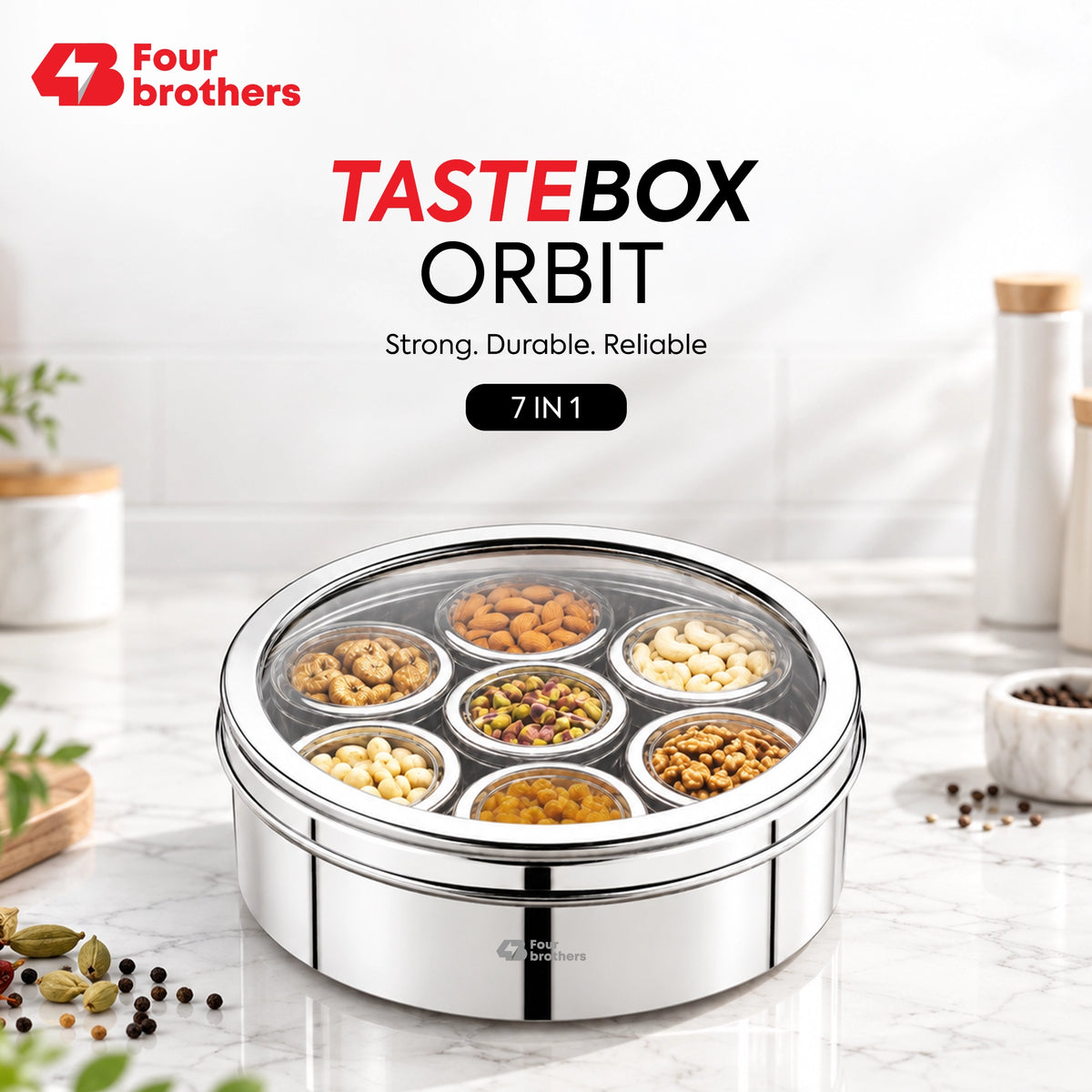 Orbit Stainless Steel Spice & Dry Fruit Box, 7 in 1 | Four Brothers