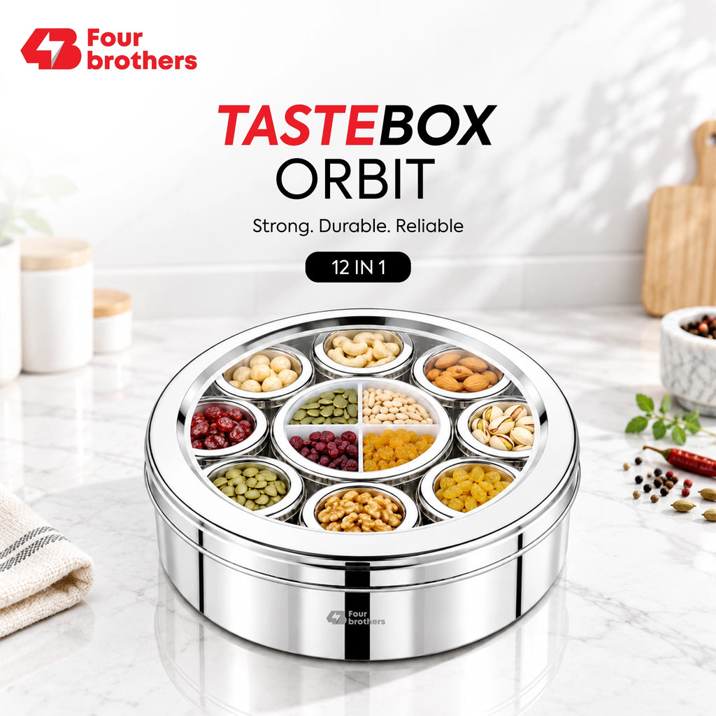 Orbit Stainless Steel Spice & Dry Fruit Box, 12 in 1 | Four Brothers