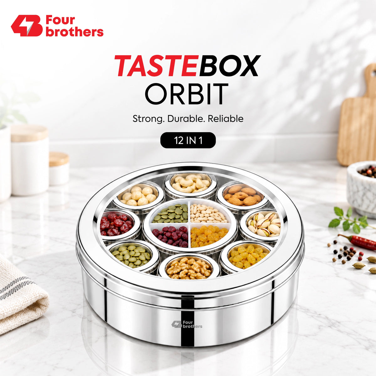 Orbit Stainless Steel Spice & Dry Fruit Box, 12 in 1 | Four Brothers