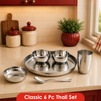 stainless steel dinner thali set 6 Pcs. Bowl,  Cup, spoon, plate