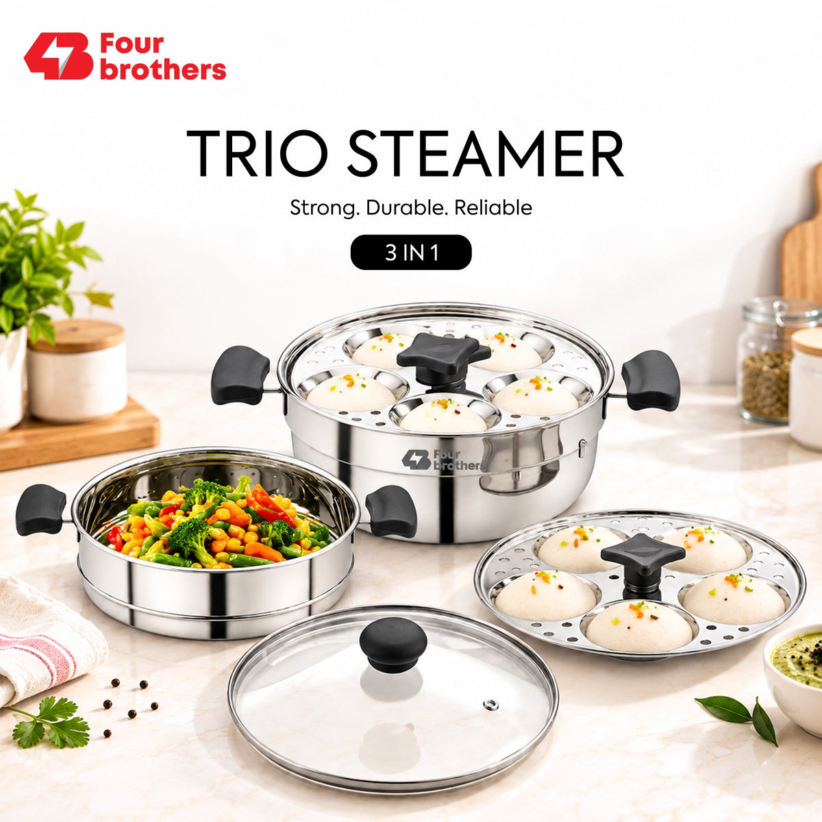 Trio 3 in 1 Steamer, Idli Pot and Multi Kadai | Four Brothers