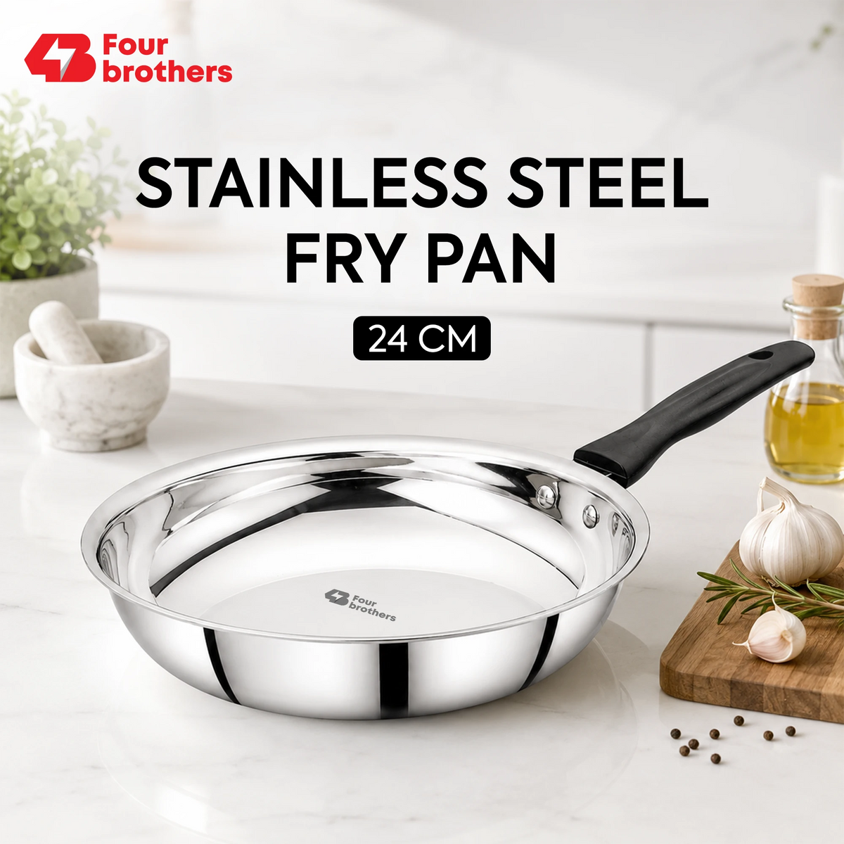 Premium Stainless Steel Frypan, Mirror Polish Finish | Four Brothers