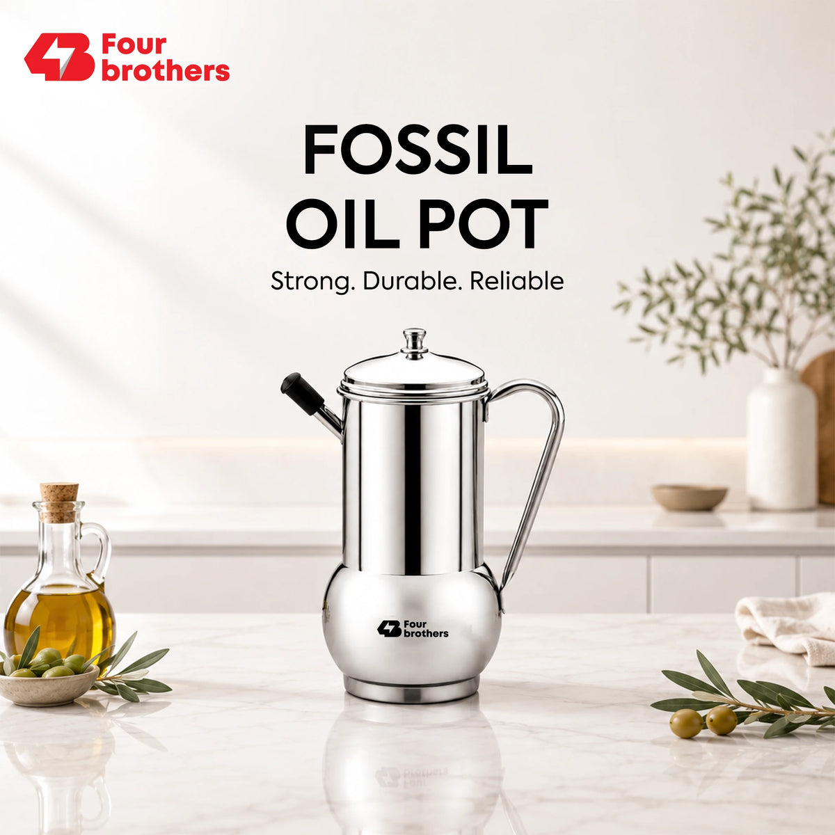 Fossil Stainless Steel Oil Pot, Spill-Proof | Four Brothers