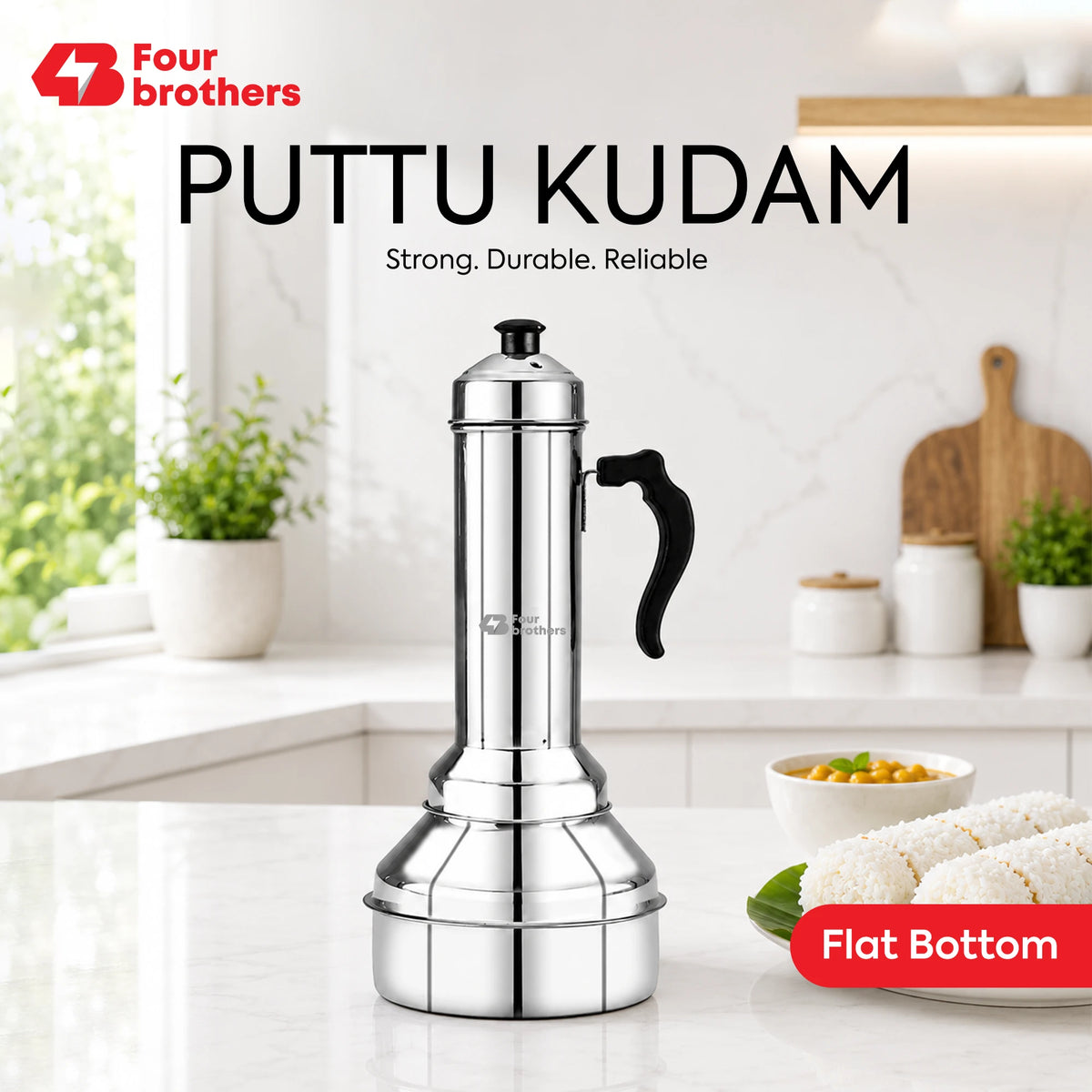 Puttu Kodam Stainless Steel Puttu Maker, Flat and Bulging | Four Brothers