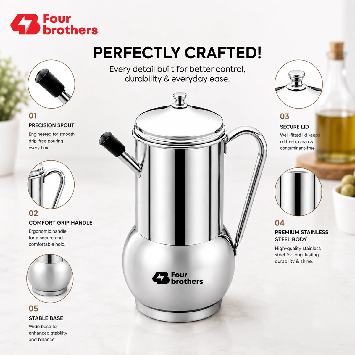 Fossil Stainless Steel Oil Pot, Spill-Proof | Four Brothers