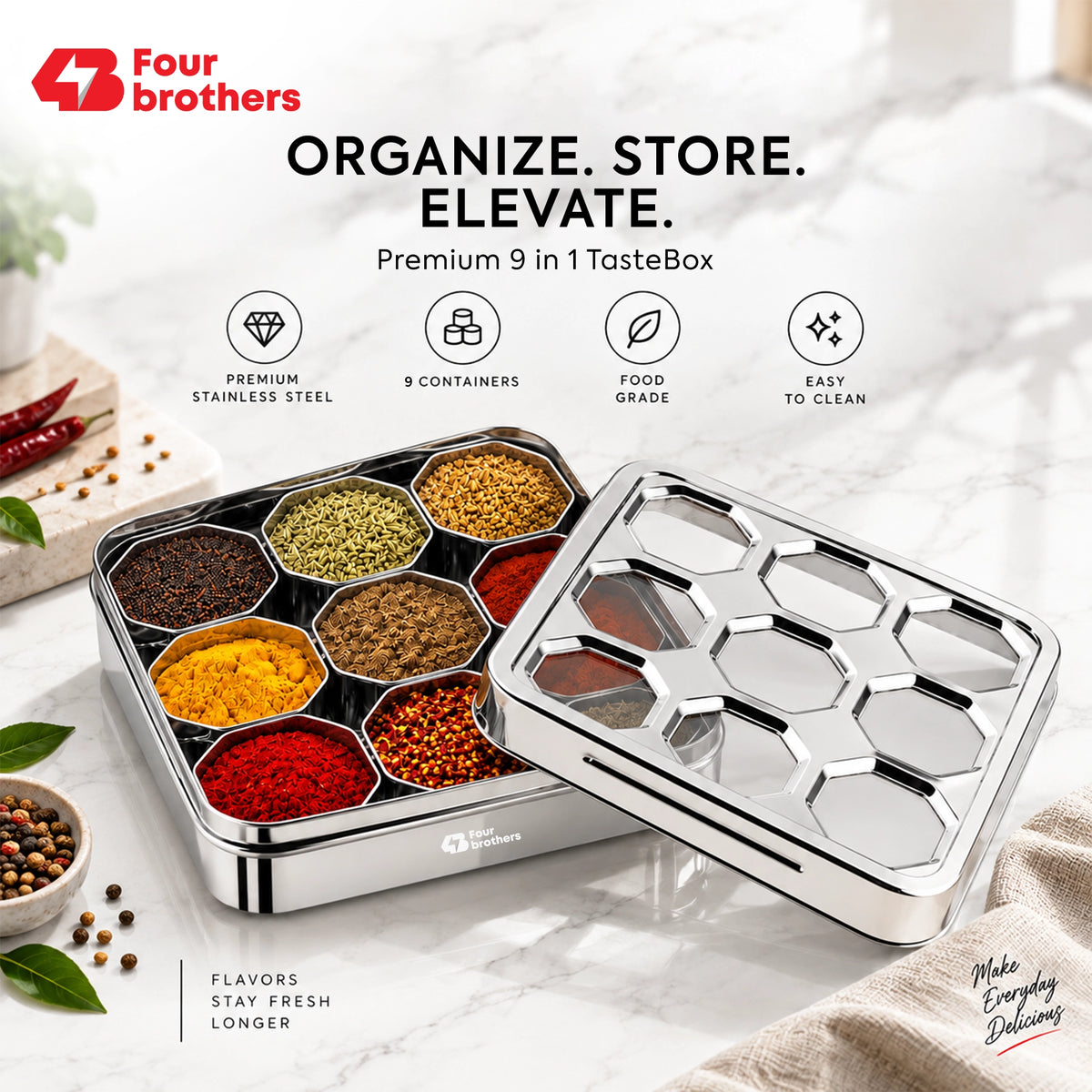 Matrix Stainless Steel Spice & Dry Fruit Box, 9 in 1 | Four Brothers