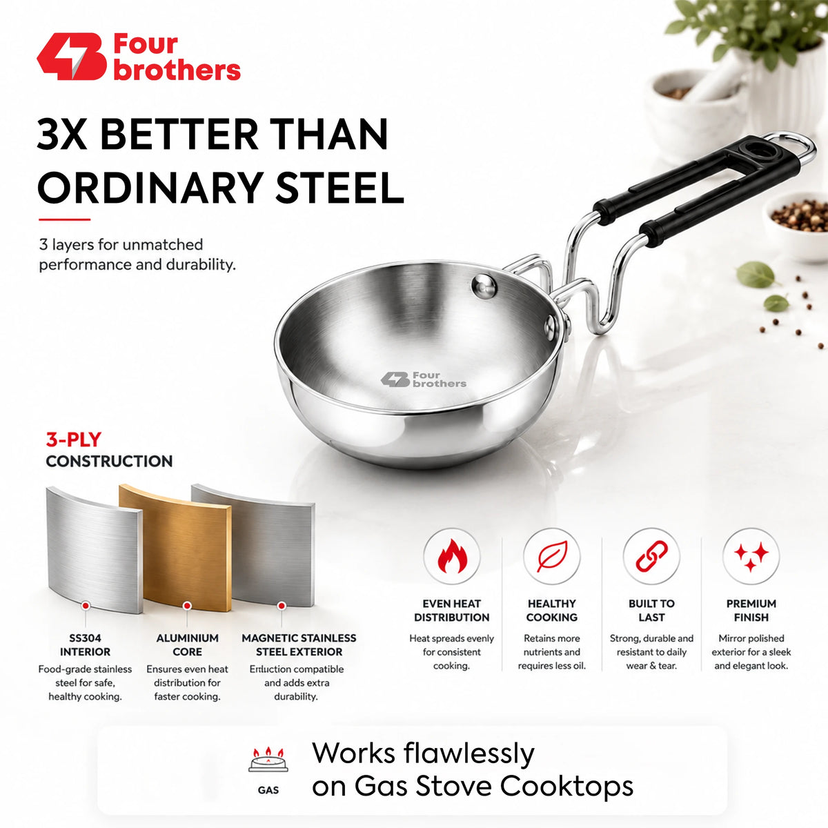 Triply Stainless Steel Tadka Pan, Induction & Gas | Four Brothers