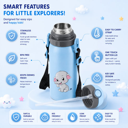 Four Brothers Kids Insulated Sipper Bottle- 300ml - 18Hr Hot & 24Hr Cold, Leakproof with Straw
