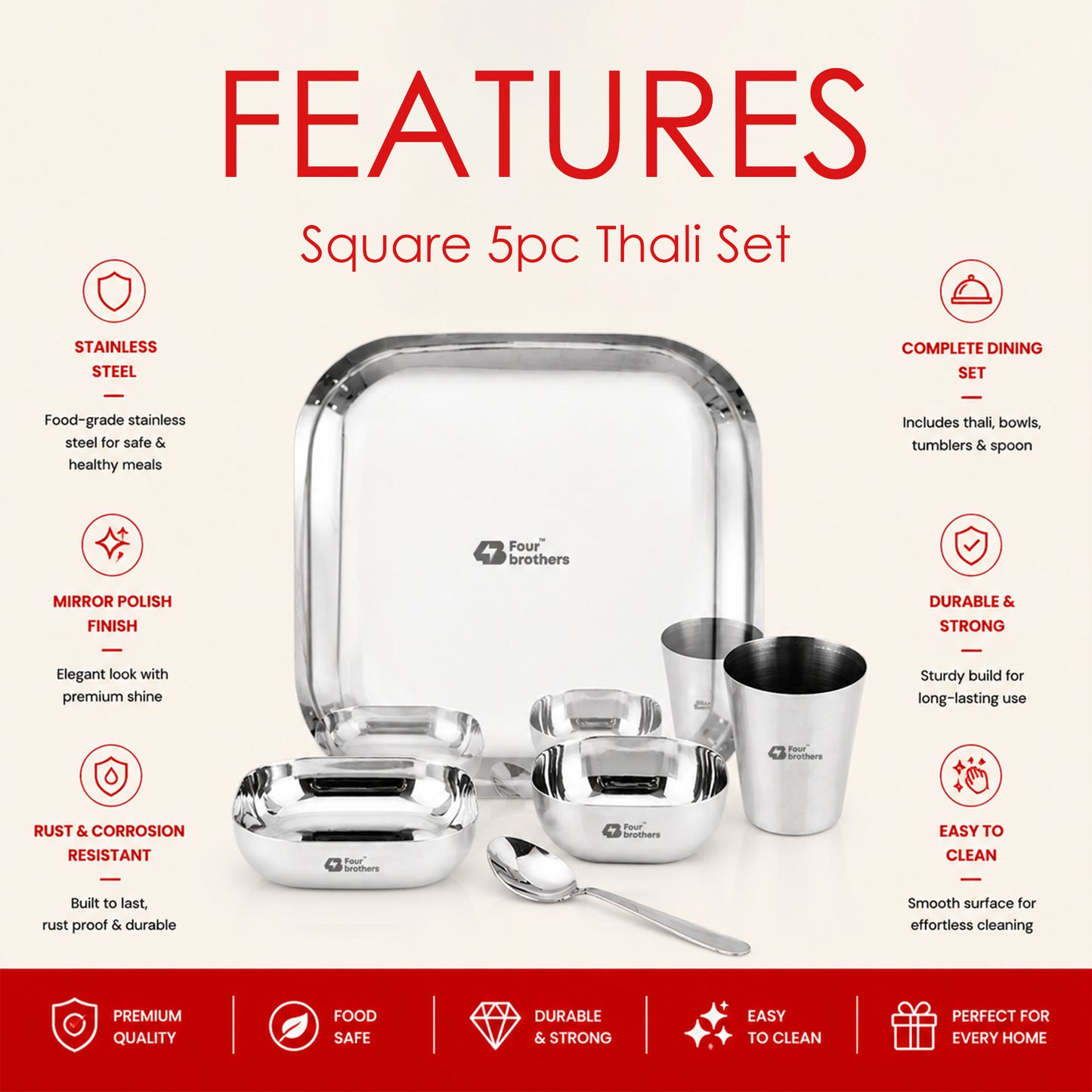 Square Thali Set 5 Pieces – 100% Stainless Steel, Rust‑Proof