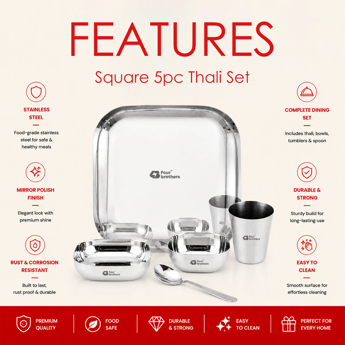 Square Thali Set 5 Piece Stainless Steel Four Brothers