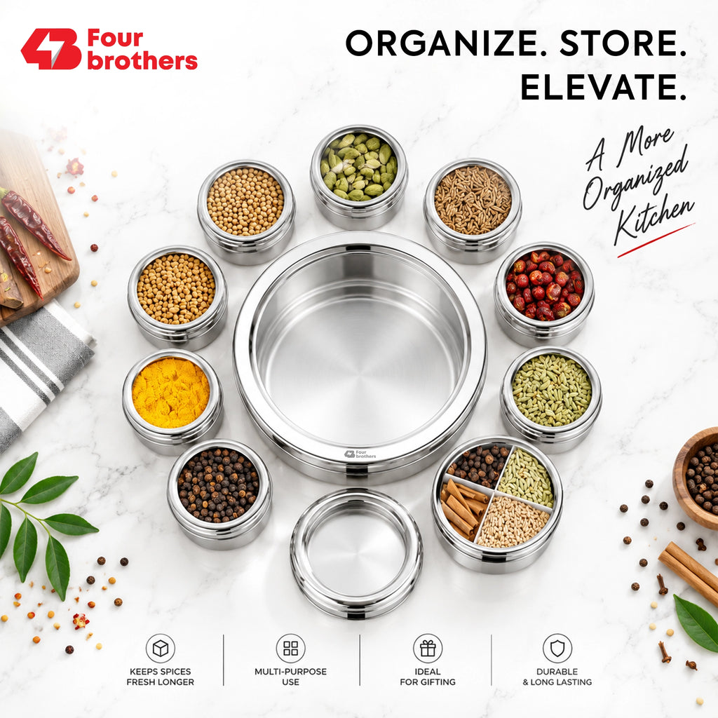 Orbit Stainless Steel Spice & Dry Fruit Box, 12 in 1 | Four Brothers